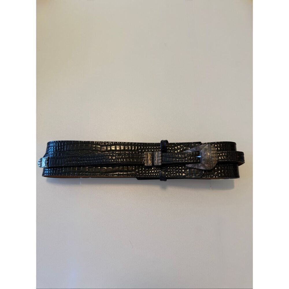 Vintage Chacon Ranger Belt Black Crocodile Sterling Silver 4 Piece Buckle Sz 30